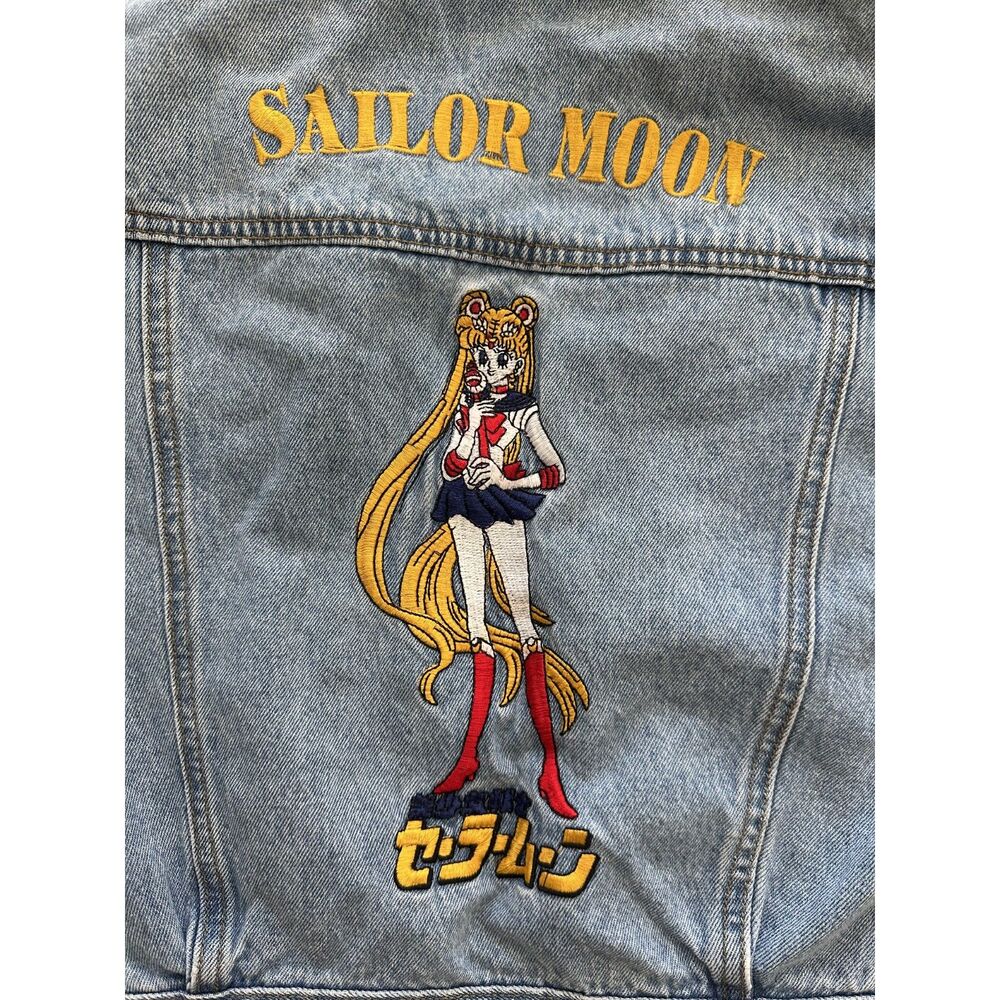Vintage Sailor Moon Embroidered Denim Jacket Anime Light Wash Jean Girls Large